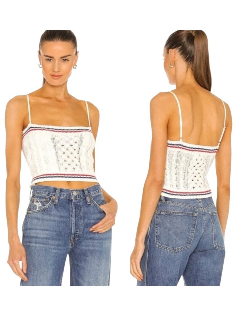 Le Superbe Tank Top Women XS White Cable Knit Deuce‎ Cotton Cashmere Tank Preppy